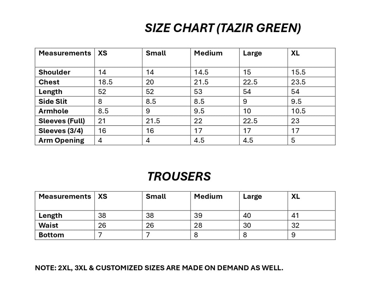 A size chart sheet for TAZIR GREEN clothing, showing measurements for Small, Medium, Large, and XL in a table format. The top section lists measurements for shoulders, chest, length, side slit, armhole, sleeves, and arm opening.