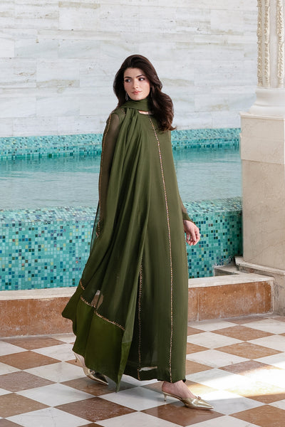 Model wearing Tazir Green handcrafted chiffon festive dress