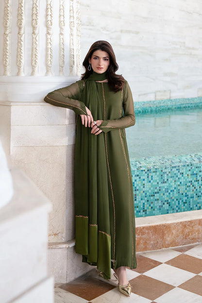Tazir Green handmade chiffon festive dress with intricate handcrafted detailing